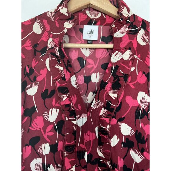 CABI Poppy Floral Blouse Sz M Ruffle Split Neck Balloon Sleeves Ruche Waist Boho - Picture 6 of 12